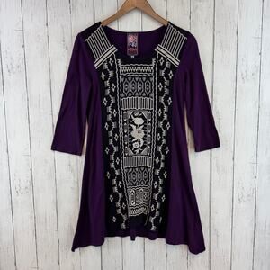 Johnny Was Dark Purple Embroidered 3/4 Sleeve Tunic Boho Cupra Cotton Size Small